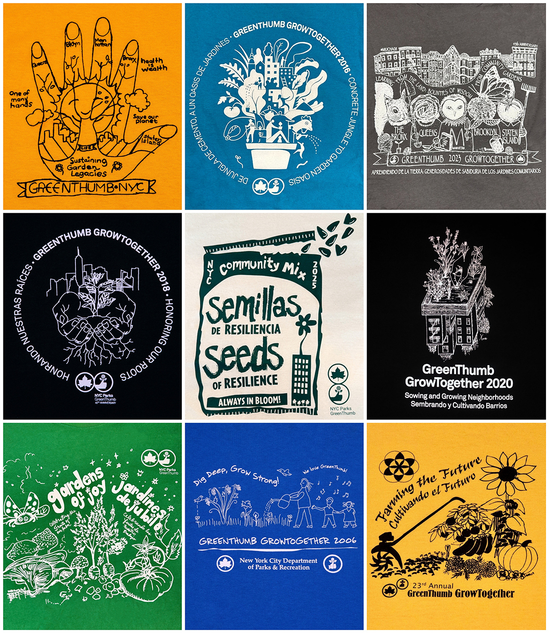 A grid of nine squares with different NYC Parks GreenThumb t-shirt designs through the years.