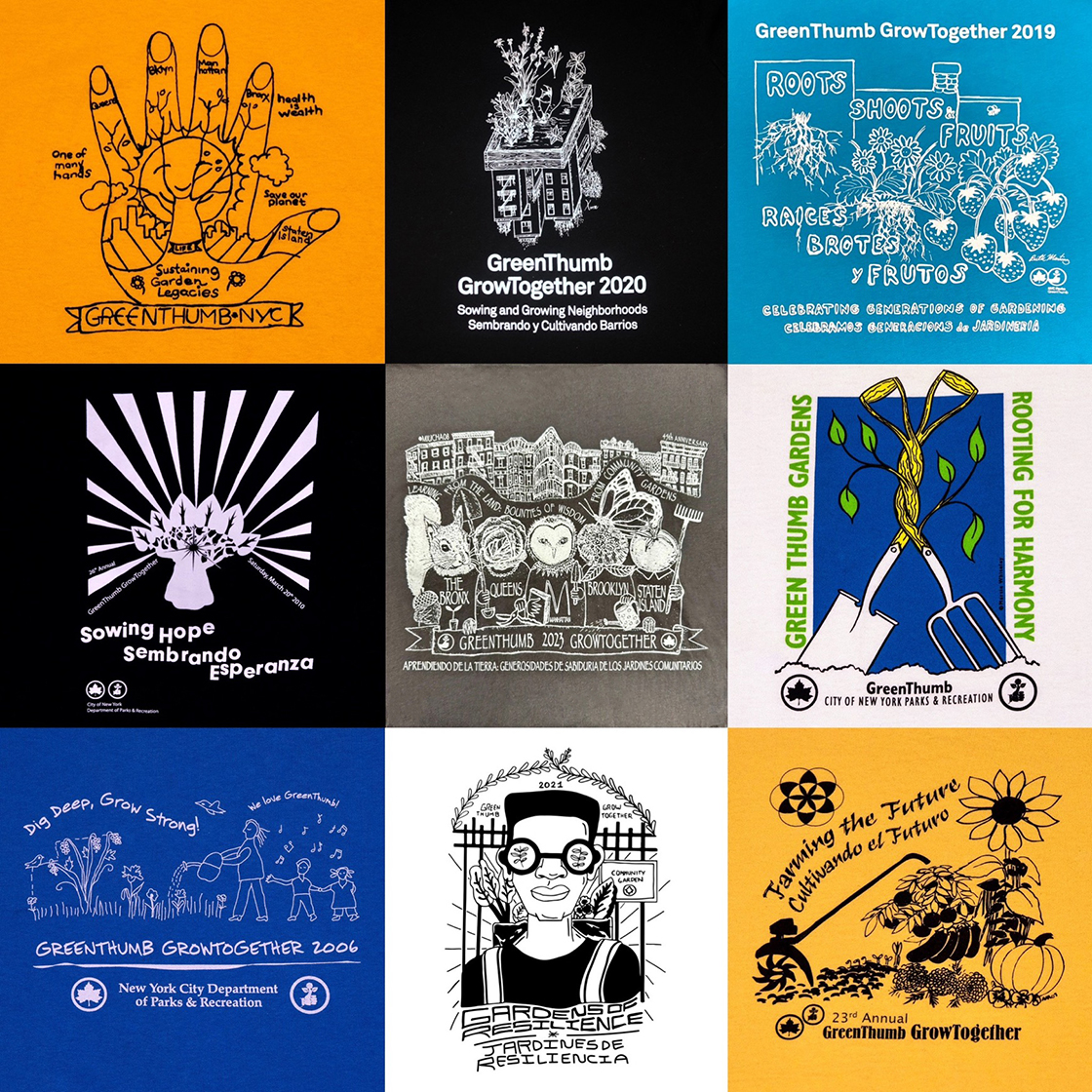 A grid of 9 GreenThumb GrowTogether T-Shirt Designs about community gardening in New York City.