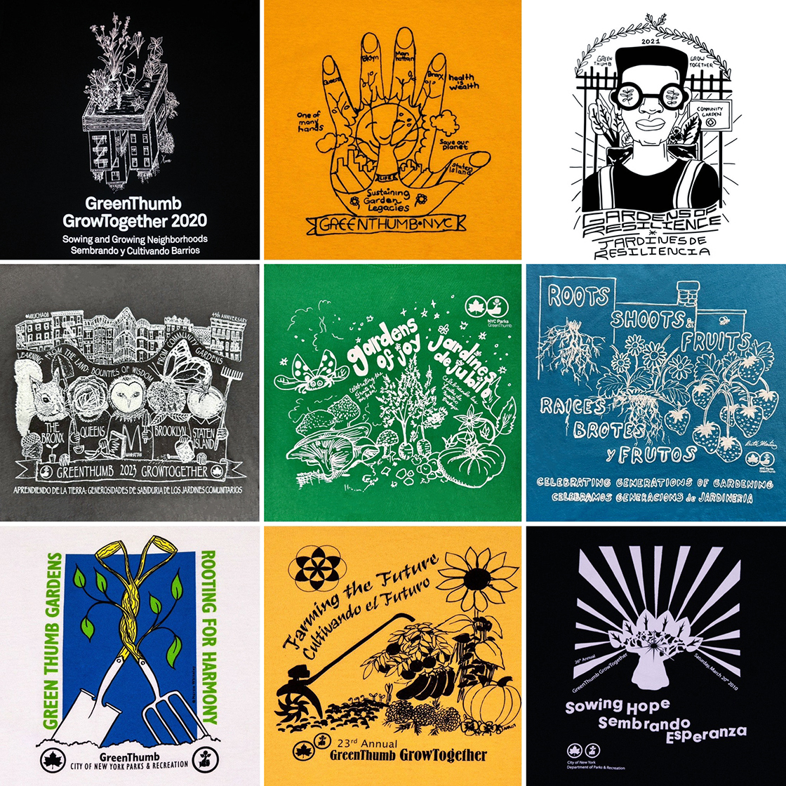 Grid of NYC Parks GreenThumb t-shirt designs over the years.